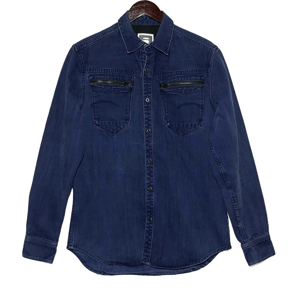 G Star Raw Denim New Riley Shirt Mens L Button Up Long Sleeve Zip Pockets Blue